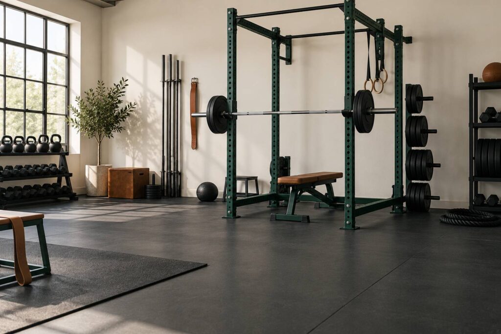 Salle de musculation sobre avec rack a squat et disques ranges