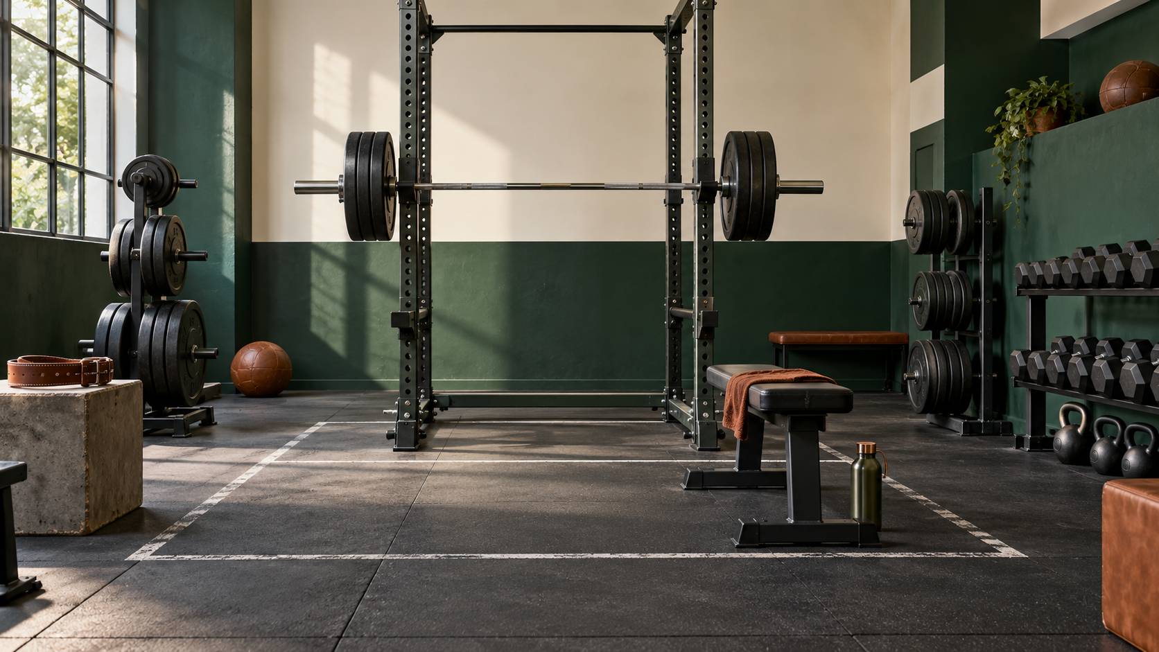 Poste de squat avec barre olympique et disques alignes dans une salle de sport
