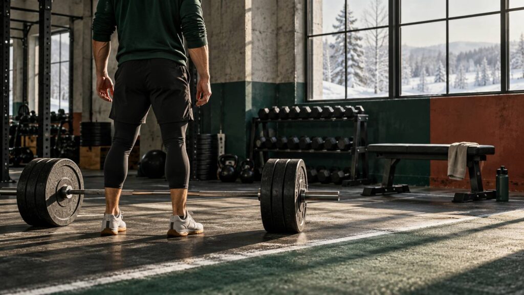 Pratiquant vu de dos en salle de musculation avec barre chargée et haltères au sol