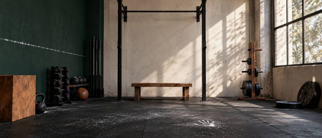 Barre de traction en acier noir, craie blanche au sol et disques de fonte dans une salle de sport